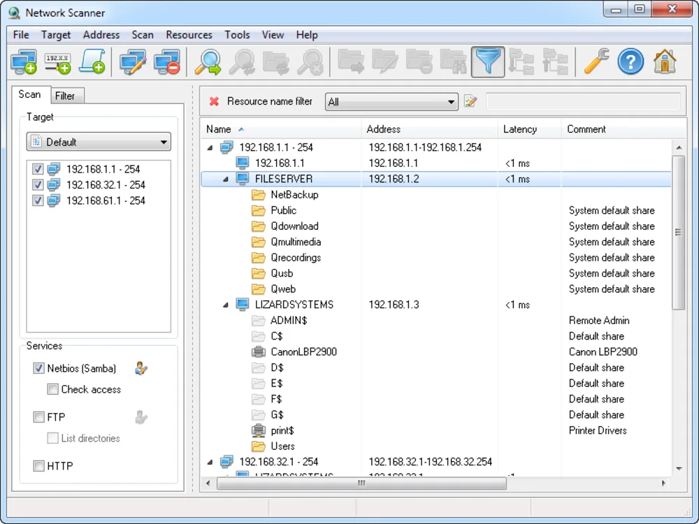 LizardSystems Network Scanner results grid with computers and shared resources